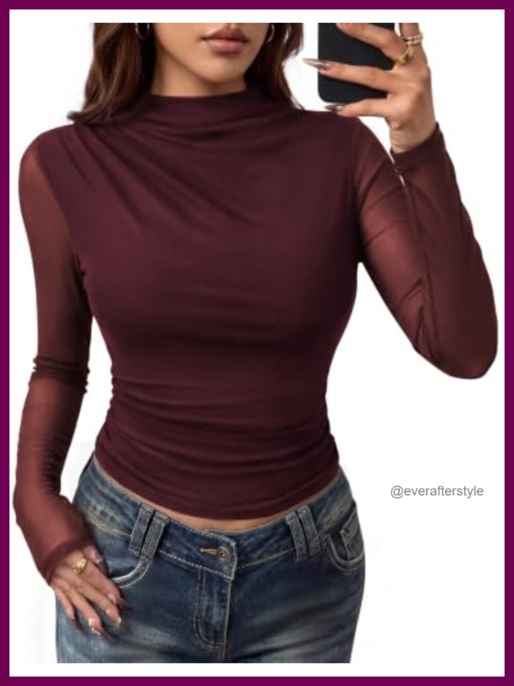 Women's Mesh Long Sleeve Mock Neck Slim Fit Top